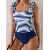 imageEomenie Tankini Swimsuits for Women Ruched Tummy Control Bathing Suit Two Piece Swim Tank Top with High Waisted BottomBlue Stripe