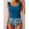 imageEomenie Tankini Swimsuits for Women Ruched Tummy Control Bathing Suit Two Piece Swim Tank Top with High Waisted BottomPeacock Blue Leaf