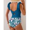 imageEomenie Tankini Swimsuits for Women Ruched Tummy Control Bathing Suit Two Piece Swim Tank Top with High Waisted BottomPeacock Blue Leaf