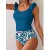 imageEomenie Tankini Swimsuits for Women Ruched Tummy Control Bathing Suit Two Piece Swim Tank Top with High Waisted BottomPeacock Blue Leaf