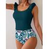 imageEomenie Tankini Swimsuits for Women Ruched Tummy Control Bathing Suit Two Piece Swim Tank Top with High Waisted BottomPeacock Green Leaf