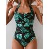imageEomenie Women One Piece Tummy Control Swimsuit Halter Scallop Trim Bathing Suits 1 Piece Vintage Ruched Slimming SwimwearBlack Green Printed