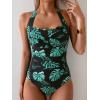 imageEomenie Women One Piece Tummy Control Swimsuit Halter Scallop Trim Bathing Suits 1 Piece Vintage Ruched Slimming SwimwearBlack Green Printed
