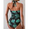 imageEomenie Women One Piece Tummy Control Swimsuit Halter Scallop Trim Bathing Suits 1 Piece Vintage Ruched Slimming SwimwearBlack Green Printed