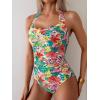 imageEomenie Women One Piece Tummy Control Swimsuit Halter Scallop Trim Bathing Suits 1 Piece Vintage Ruched Slimming SwimwearOrange Red Printed