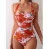 imageEomenie Women One Piece Tummy Control Swimsuit Halter Scallop Trim Bathing Suits 1 Piece Vintage Ruched Slimming SwimwearOrange White Floral Printed