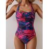 imageEomenie Women One Piece Tummy Control Swimsuit Halter Scallop Trim Bathing Suits 1 Piece Vintage Ruched Slimming SwimwearPurple and Black Printed