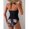 imageEomenie Womens Halter Tankini Bathing Suit Ruched Tummy Control Two Piece Swimsuit with BottomBlack Floral