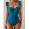 imageEomenie Womens One Piece Swimsuit Tummy Control Bathing Suit Ruffle Cutout Slimming SwimwearPeacock Blue