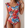 imageEomenie Womens One Piece Swimsuits Puffy Sleeves Tummy Control Bathing Suit Tie Back SwimwearBlue  Hot Pink Floral Print