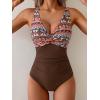 imageEomenie Womens One Piece Swimsuits Tummy Control Ruched Push Up Bathing Suit Tie Back Slimming SwimwearBrown Orange Print