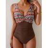 imageEomenie Womens One Piece Swimsuits Tummy Control Ruched Push Up Bathing Suit Tie Back Slimming SwimwearBrown Orange Print