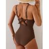 imageEomenie Womens One Piece Swimsuits Tummy Control Ruched Push Up Bathing Suit Tie Back Slimming SwimwearBrown Orange Print