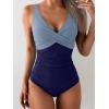 imageEomenie Womens One Piece Swimsuits Tummy Control Ruched Push Up Bathing Suit Tie Back Slimming SwimwearColor Block Light Blue