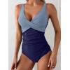 imageEomenie Womens One Piece Swimsuits Tummy Control Ruched Push Up Bathing Suit Tie Back Slimming SwimwearColor Block Light Blue