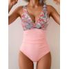 imageEomenie Womens One Piece Swimsuits Tummy Control Ruched Push Up Bathing Suit Tie Back Slimming SwimwearCoral Pink Leaf