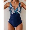 imageEomenie Womens One Piece Swimsuits Tummy Control Ruched Push Up Bathing Suit Tie Back Slimming SwimwearDark Blue Floral Print