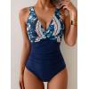 imageEomenie Womens One Piece Swimsuits Tummy Control Ruched Push Up Bathing Suit Tie Back Slimming SwimwearDark Blue Floral Print