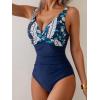 imageEomenie Womens One Piece Swimsuits Tummy Control Ruched Push Up Bathing Suit Tie Back Slimming SwimwearDark Blue Floral Print