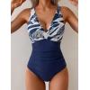imageEomenie Womens One Piece Swimsuits Tummy Control Ruched Push Up Bathing Suit Tie Back Slimming SwimwearNavy Blue Leaf