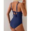 imageEomenie Womens One Piece Swimsuits Tummy Control Ruched Push Up Bathing Suit Tie Back Slimming SwimwearNavy Blue Leaf