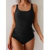 imageEomenie Womens Tankini Swimsuit Tummy Control Ruched Two Piece Bathing Suit Drawstring Swimwear with High Waisted BottomBlack