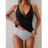 imageEomenie Womens Tankini Swimsuit Two Piece Tummy Control Bathing Suit V Neck Ring Linked Swimwear with High Waisted BottomsBlack White Stripe
