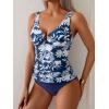 imageEomenie Womens Tankini Swimsuit Two Piece Tummy Control Bathing Suit V Neck Ring Linked Swimwear with High Waisted BottomsNavy Blue Floral