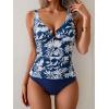 imageEomenie Womens Tankini Swimsuit Two Piece Tummy Control Bathing Suit V Neck Ring Linked Swimwear with High Waisted BottomsNavy Blue Floral