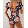 imageEomenie Womens Tummy Control One Piece Swimsuit Ruffle Square Neck Bathing Suit Ruched Cutout Back Slimming SwimwearBlack Red Floral