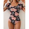 imageEomenie Womens Tummy Control One Piece Swimsuit Ruffle Square Neck Bathing Suit Ruched Cutout Back Slimming SwimwearBlack Red Floral