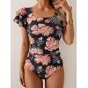imageEomenie Womens Tummy Control One Piece Swimsuit Ruffle Square Neck Bathing Suit Ruched Cutout Back Slimming SwimwearBlack Red Floral