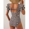 imageEomenie Womens Tummy Control One Piece Swimsuit Ruffle Square Neck Bathing Suit Ruched Cutout Back Slimming SwimwearBlack Yellow Print