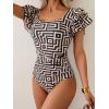 imageEomenie Womens Tummy Control One Piece Swimsuit Ruffle Square Neck Bathing Suit Ruched Cutout Back Slimming SwimwearBlack Yellow Print