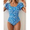 imageEomenie Womens Tummy Control One Piece Swimsuit Ruffle Square Neck Bathing Suit Ruched Cutout Back Slimming SwimwearBlue White Floral