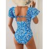 imageEomenie Womens Tummy Control One Piece Swimsuit Ruffle Square Neck Bathing Suit Ruched Cutout Back Slimming SwimwearBlue White Floral