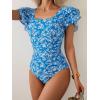 imageEomenie Womens Tummy Control One Piece Swimsuit Ruffle Square Neck Bathing Suit Ruched Cutout Back Slimming SwimwearBlue White Floral