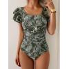 imageEomenie Womens Tummy Control One Piece Swimsuit Ruffle Square Neck Bathing Suit Ruched Cutout Back Slimming SwimwearGreen White Floral