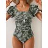 imageEomenie Womens Tummy Control One Piece Swimsuit Ruffle Square Neck Bathing Suit Ruched Cutout Back Slimming SwimwearGreen White Floral