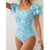 imageEomenie Womens Tummy Control One Piece Swimsuit Ruffle Square Neck Bathing Suit Ruched Cutout Back Slimming SwimwearLight Blue Floral