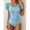 imageEomenie Womens Tummy Control One Piece Swimsuit Ruffle Square Neck Bathing Suit Ruched Cutout Back Slimming SwimwearLight Blue Floral