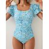 imageEomenie Womens Tummy Control One Piece Swimsuit Ruffle Square Neck Bathing Suit Ruched Cutout Back Slimming SwimwearLight Blue Floral