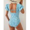 imageEomenie Womens Tummy Control One Piece Swimsuit Ruffle Square Neck Bathing Suit Ruched Cutout Back Slimming SwimwearLight Blue Floral