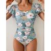 imageEomenie Womens Tummy Control One Piece Swimsuit Ruffle Square Neck Bathing Suit Ruched Cutout Back Slimming SwimwearLight Green Floral