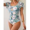 imageEomenie Womens Tummy Control One Piece Swimsuit Ruffle Square Neck Bathing Suit Ruched Cutout Back Slimming SwimwearLight Green Floral