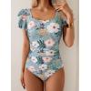 imageEomenie Womens Tummy Control One Piece Swimsuit Ruffle Square Neck Bathing Suit Ruched Cutout Back Slimming SwimwearLight Green Floral