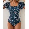 imageEomenie Womens Tummy Control One Piece Swimsuit Ruffle Square Neck Bathing Suit Ruched Cutout Back Slimming SwimwearNavy Blue Pink Floral