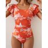 imageEomenie Womens Tummy Control One Piece Swimsuit Ruffle Square Neck Bathing Suit Ruched Cutout Back Slimming SwimwearOrange White Floral