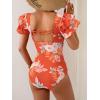 imageEomenie Womens Tummy Control One Piece Swimsuit Ruffle Square Neck Bathing Suit Ruched Cutout Back Slimming SwimwearOrange White Floral