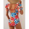 imageEomenie Womens Tummy Control One Piece Swimsuit Ruffle Square Neck Bathing Suit Ruched Cutout Back Slimming SwimwearRed Blue Floral